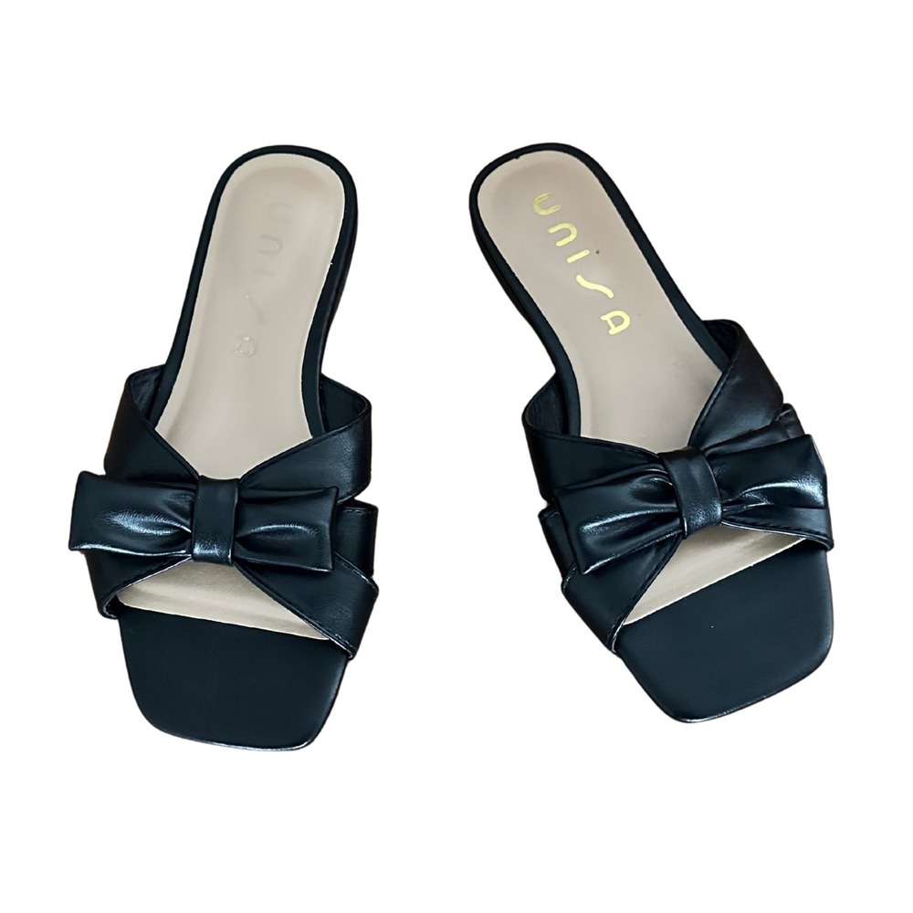 Unisa Bow Slide Sandals Womens 5.5 Black Square Toe Flat Slip On